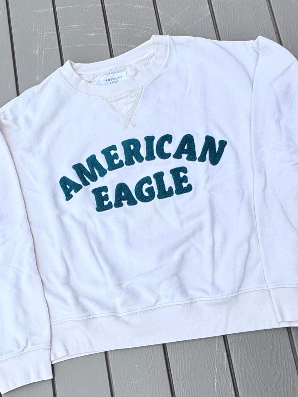 American Eagle Outfitters White Crewneck with Teal Lettering